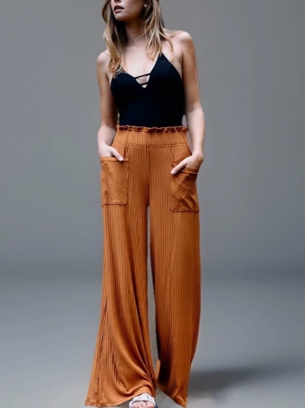 Free People Movement Blissed Out Wide Leg Toasted Coconut Ribbed Pants, Small